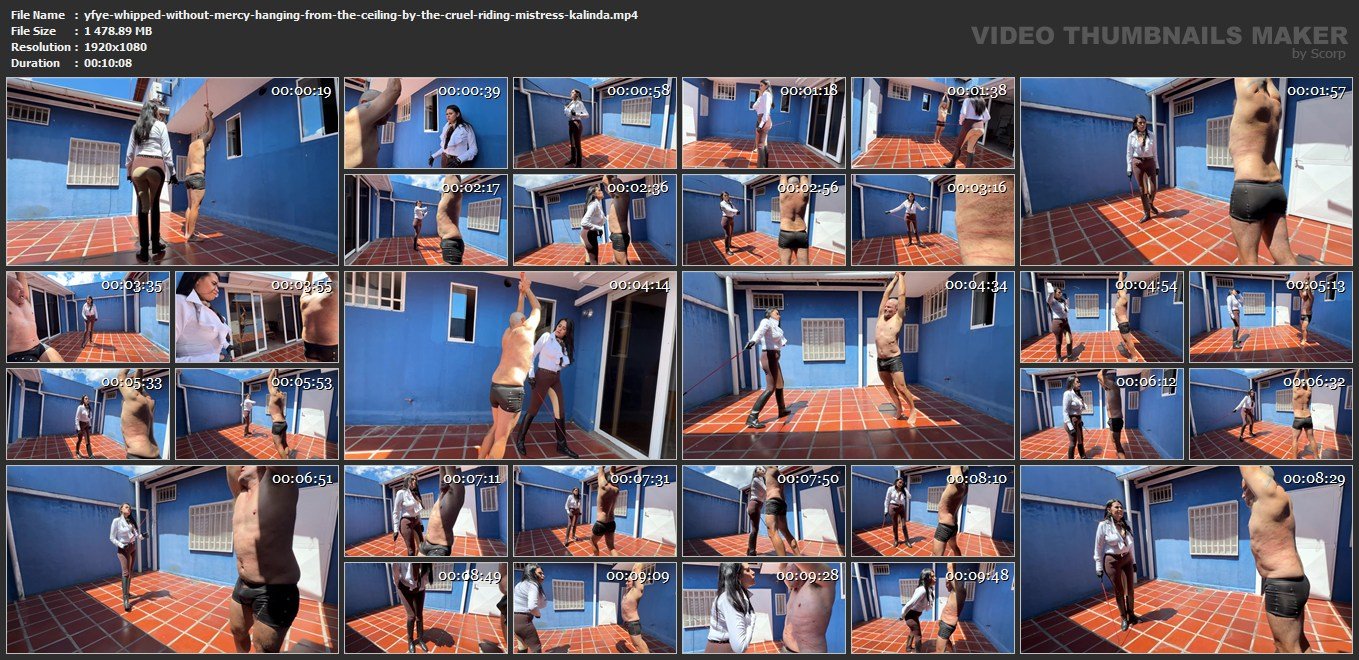 YFYE Whipped without mercy hanging from the ceiling by the Cruel Riding Mistress Kalinda - screenshots
